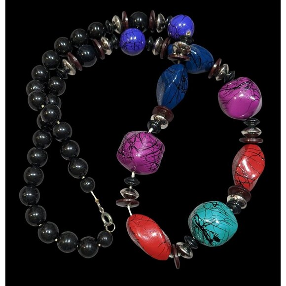 Vintage 90s Rainbow And Black Paint Splatter Beaded Necklace - Picture 1 of 6